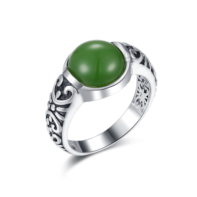 منحوتة 925 خواتم الأحجار الكريمة الفضية 10x10mm جولة على شكل خاتم اليشم الأخضر الداكن