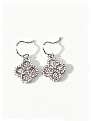 925 Silver CZ Earrings with Peach Pink and White AAA CZ Stones in Round Lucky Flower Circle Design Hypoallergenic Rhodium Plated