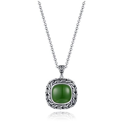 9.48g 925 الفضة الأحجار الكريمة قلادة الخرزة سلسلة 14x14mm وسادة قلادة اليشم الأخضر