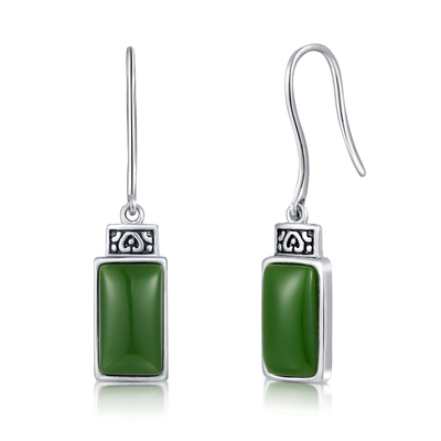 كابوشون 925 أقراط فضة أحجار كريمة 7x12mm مستطيل أخضر اليشم